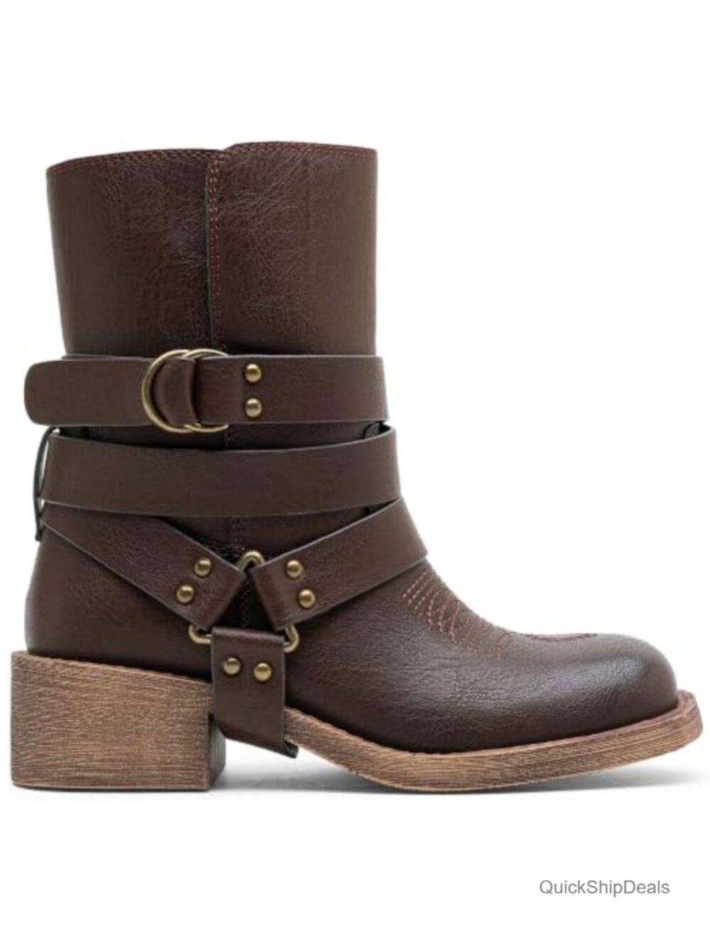 Faux Leather Ankle Booties Block Heel Removable Harness Straps